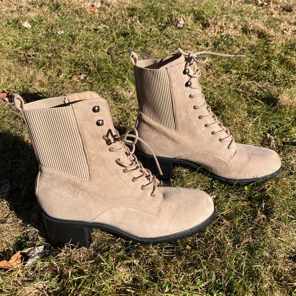 Journee Women's Tru Comfort Kassia Lace Up Stacked Heel Faux Suede Booties Taupe